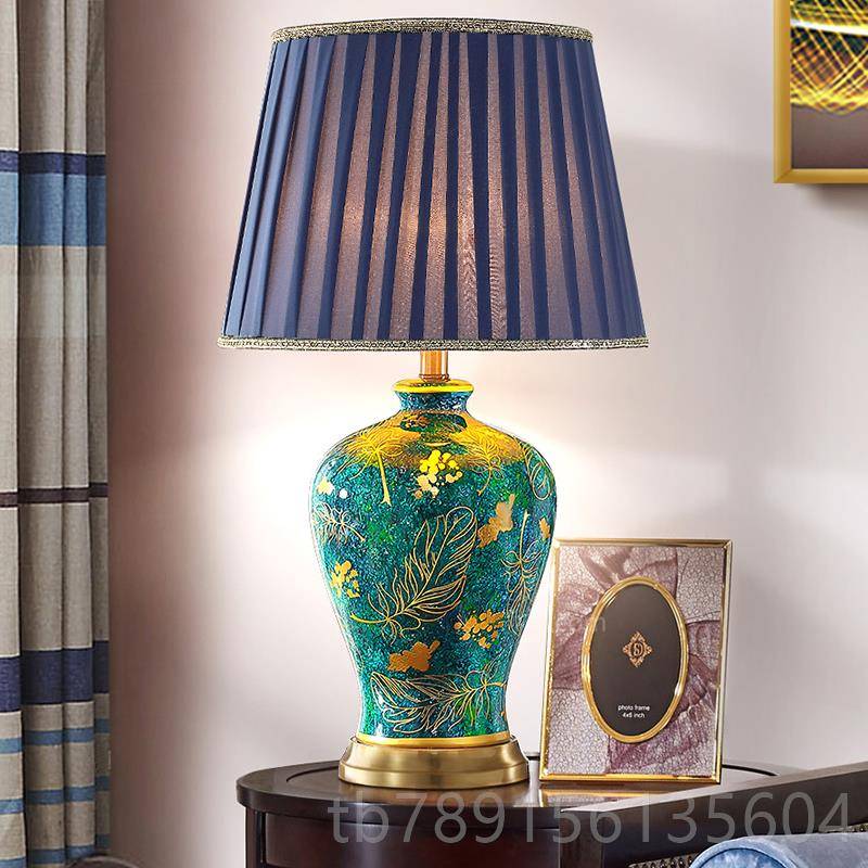 高档美头式陶瓷台灯卧室床别灯客厅沙铜发茶几全绿温馨大气奢华墅