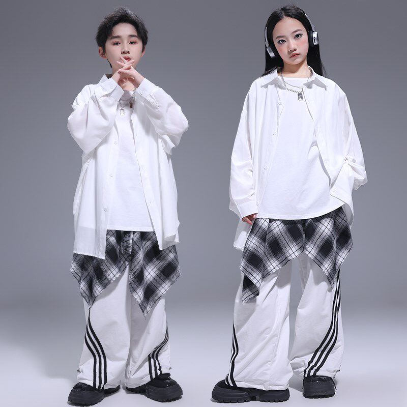 儿童街舞服男女童酷帅白衬衫嘻哈hiphopL架子鼓演出服爵士舞走秀