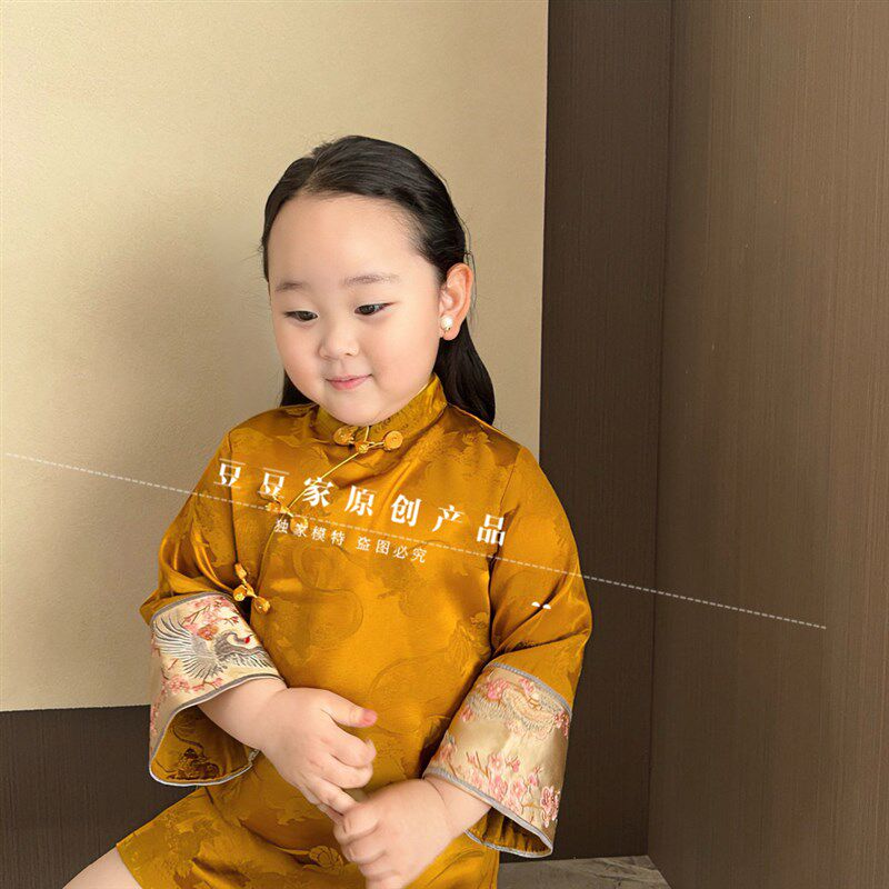 亲子母女装新中式红色女童长袖旗袍女童M刺绣提花新年宝宝礼服