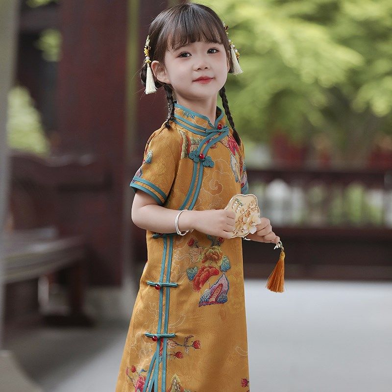 儿童旗袍经典款女m童老式古风童装夏季改良款汉服女孩中长款裙子