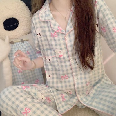 格子KT猫睡衣h女款春夏季薄款短袖三件套装卡通可爱纯棉纱布家居