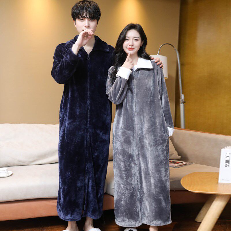 连体睡衣女冬季法兰绒懒人拉链睡裙男宽松可外P穿情侣睡袍春秋浴