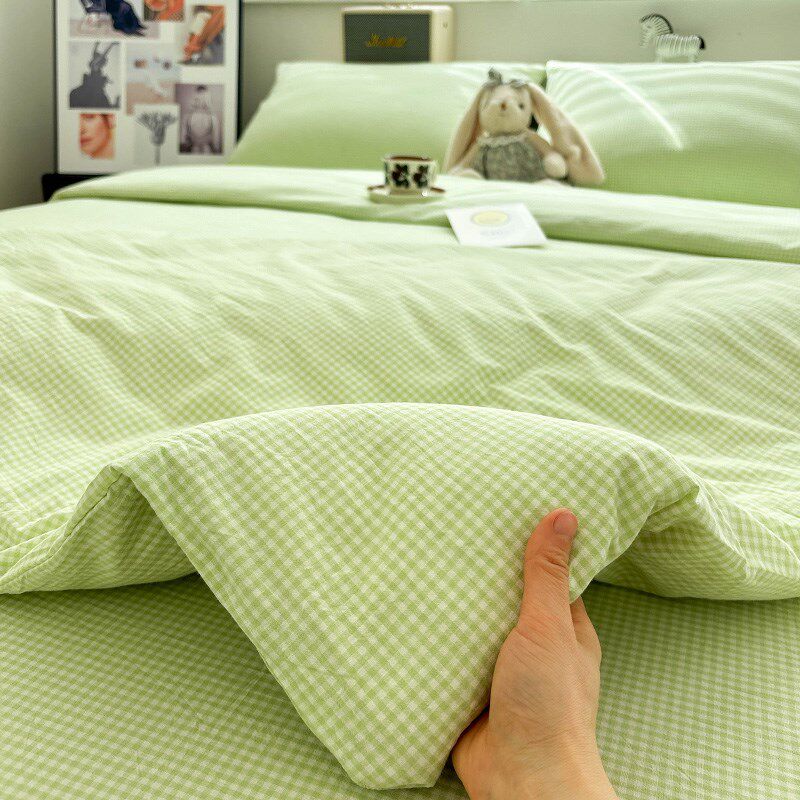 简约水洗棉迷你浅k绿格四件套双人1.8m1.5m全棉床上用品纯棉三件