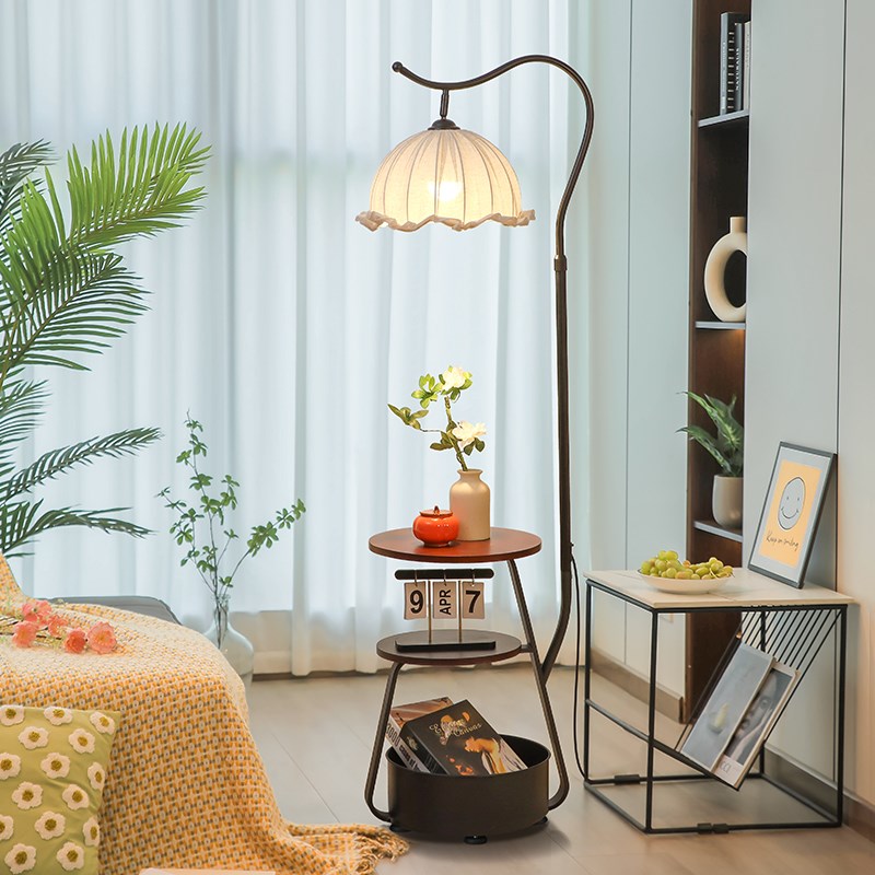 落地灯中古风卧室床头柜一体置物架台灯客厅沙发旁U边氛围感钓鱼