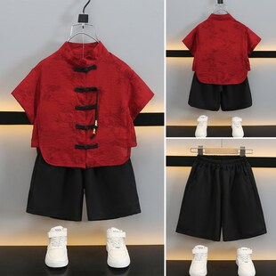 儿童汉服天丝棉男童m红色短袖帅气夏季套装国风日常宝宝周岁礼服