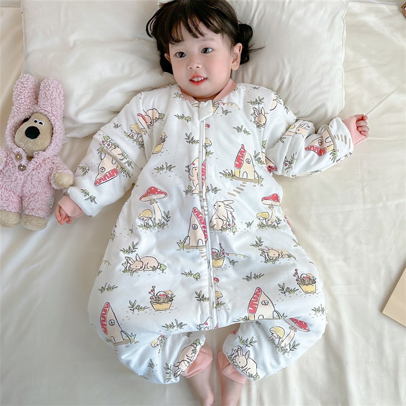婴儿睡袋秋冬纯棉加厚分腿防x踢被儿童连身夹棉连身保暖睡衣可拆