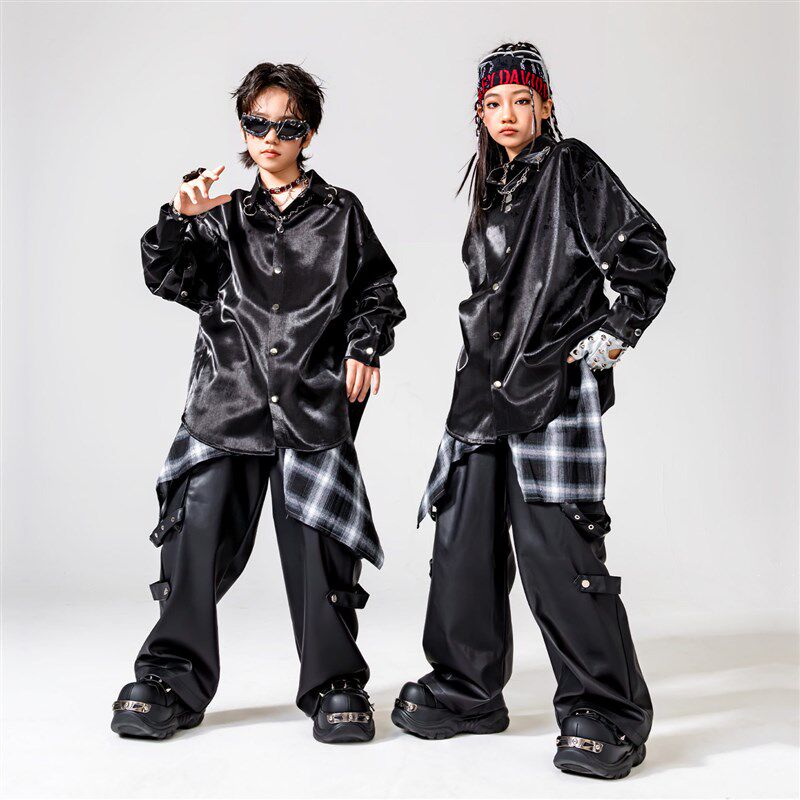 儿童街舞潮服男童嘻哈少s年演出服架子鼓摇滚亮面黑衬衫炫酷套装