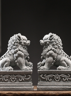 创意福瑞石狮子一对青砂石摆件茶宠盆景I鱼缸造景桌面门厅阳台装