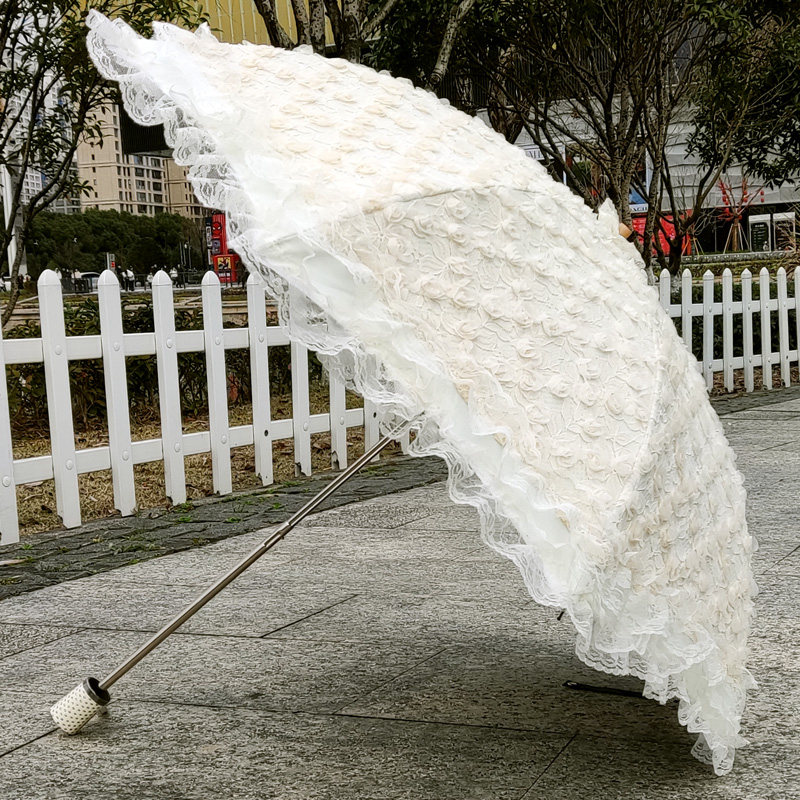 太阳伞黑胶遮阳防晒防紫外线蕾丝绣玫瑰花米白色S三折叠女神晴雨