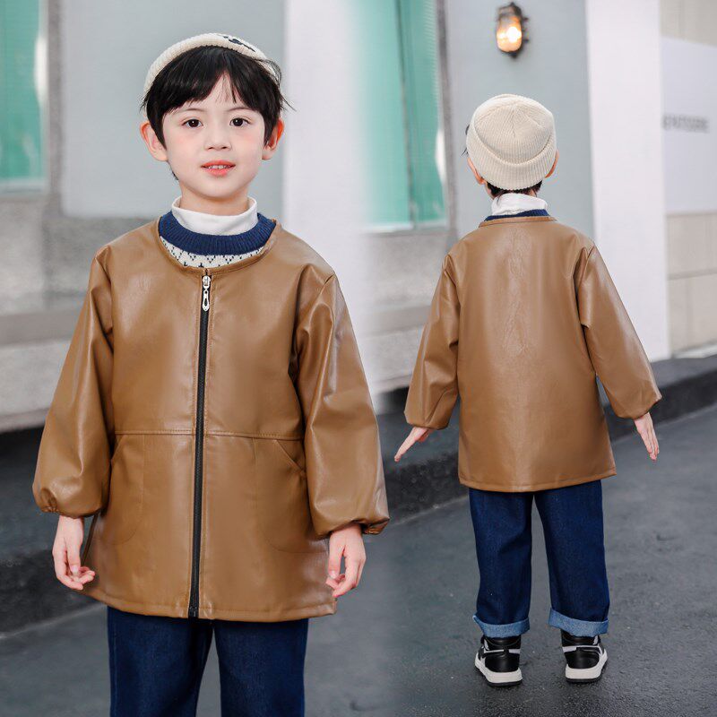 儿童罩衣皮PU防k水免洗防脏女宝宝男孩吃饭画画外穿护衣小孩围裙