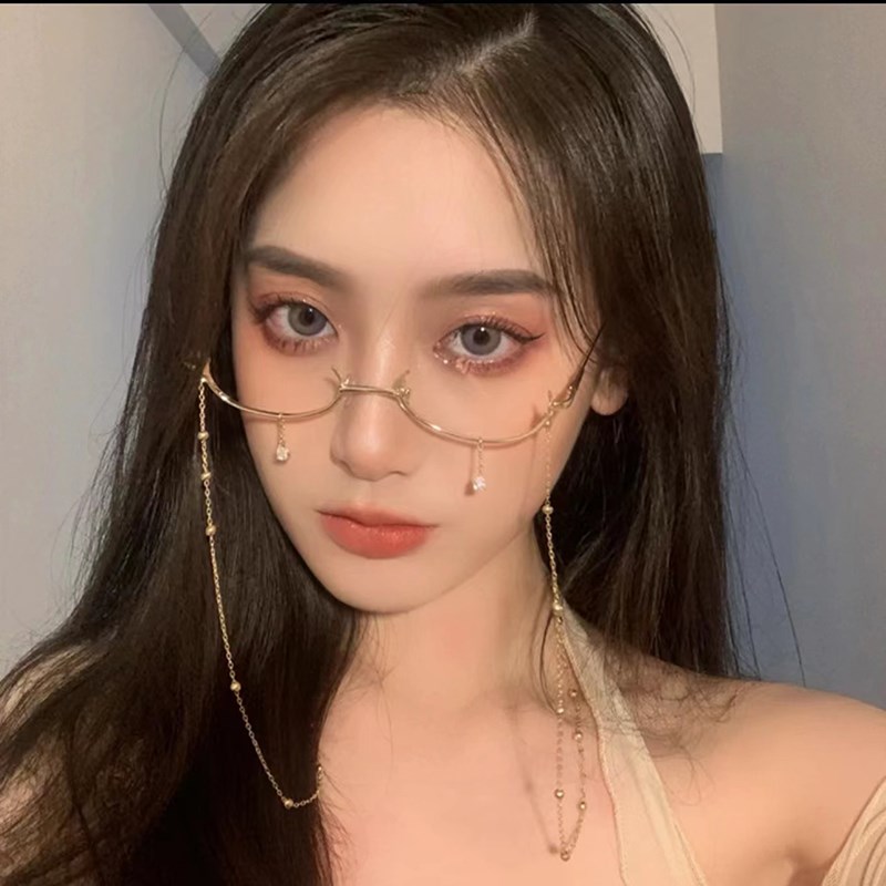半框眼镜女金丝链条下镜框无镜片拍照F装饰网红道具框链挂脖高端