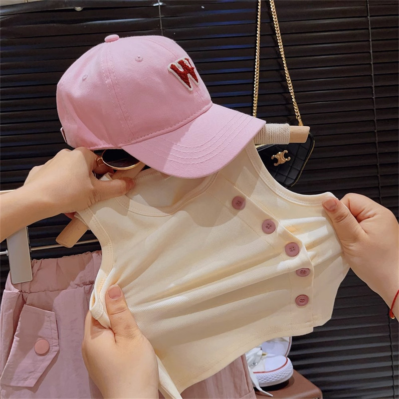 韩版女童套c装2023夏装新款不规则斜扣弹力背心洋派工装长裤两件