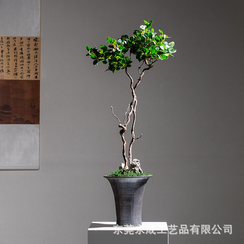 新中式仿真迎客松盆景办公室绿植客厅酒店玄关罗汉松落地装饰摆件