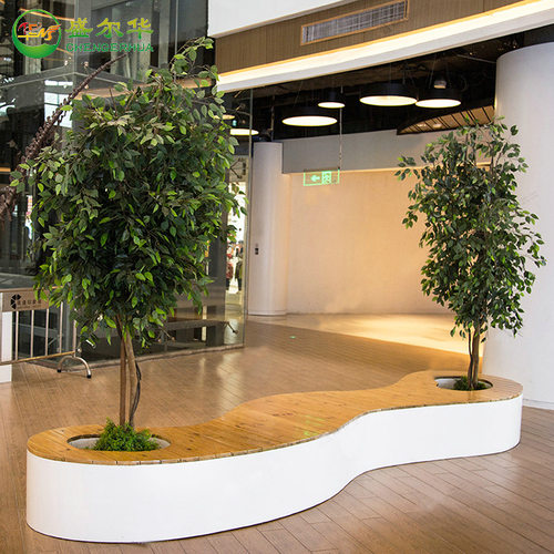 商场仿真树田园风格假树摆件绿植落地造型梧桐树休息休闲椅等候凳