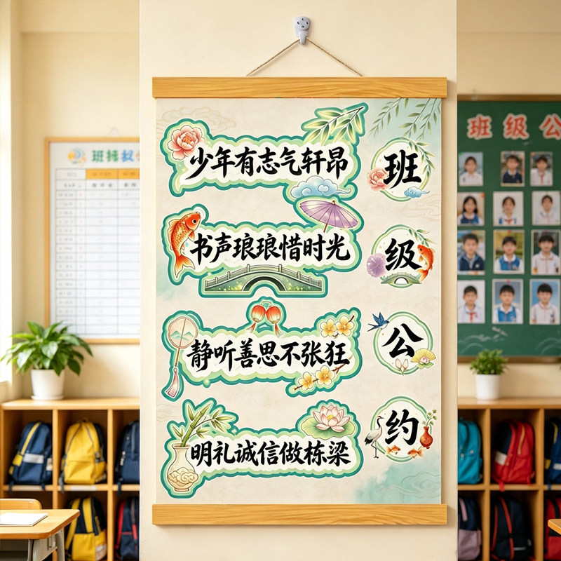 国风班级公约文化墙贴古风小学生初中生班级布置教室装饰画幼儿园书香走廊墙面环创贴画老师寄语文化门口挂牌