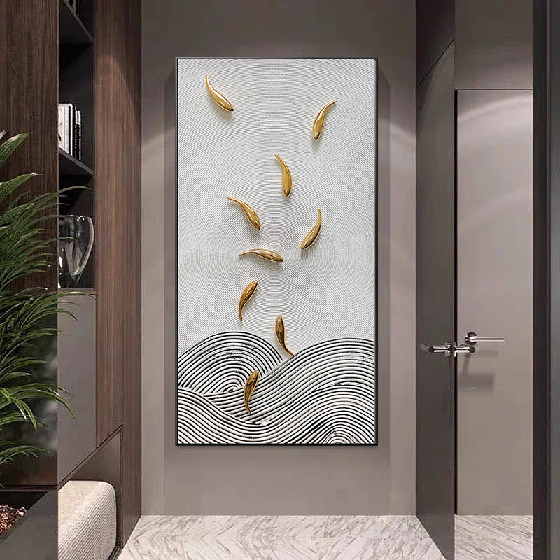 手绘九鱼图轻奢玄关装饰画寓意好简约客厅立体画竖版入户走廊壁画图片