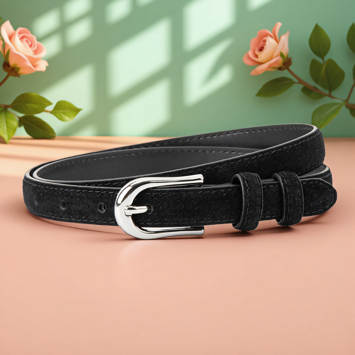 磨砂绒面真皮细款小皮带女士百搭复古风连衣裙配饰高级牛皮腰带女