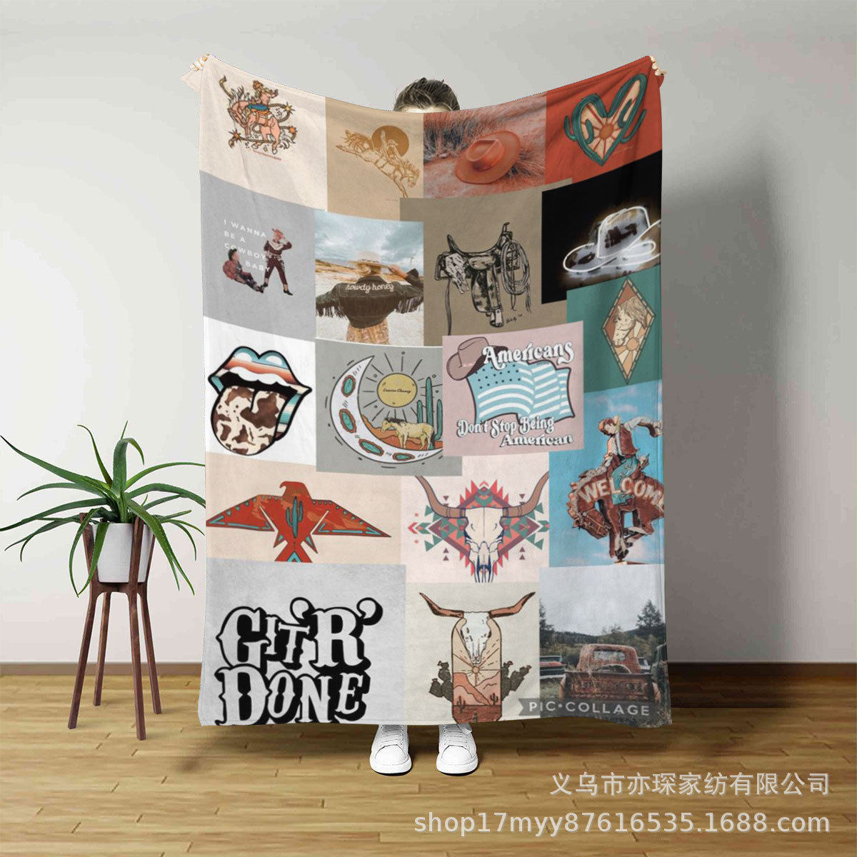 西部元素牛仔与图腾法兰绒高清打印毛毯空调午休毯