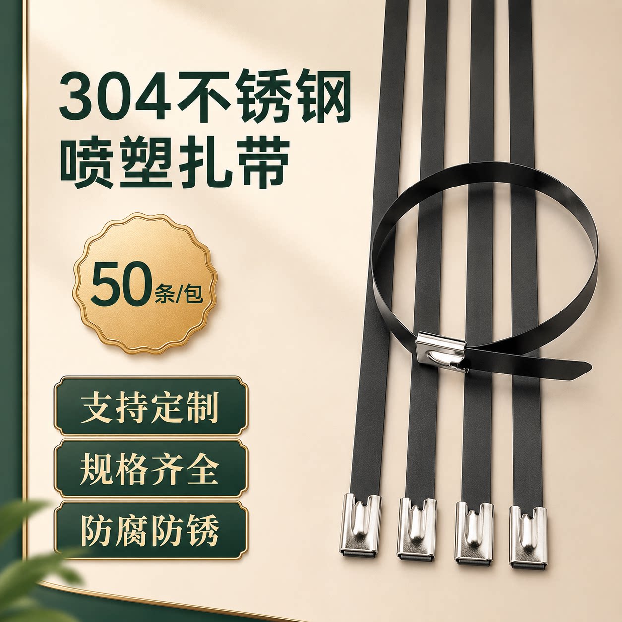 304不锈钢喷塑扎带自锁黑色金属扎丝船用绑带户外喷塑不锈钢扎带