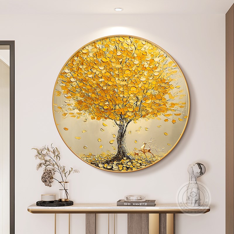 新款发财树圆形装饰画油画感金色摇钱树玄关斗柜挂画餐厅旺运壁画图片