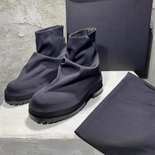 424新款高街暗黑褶皱高帮休闲鞋男款厚底牛皮套脚时尚走秀短靴子