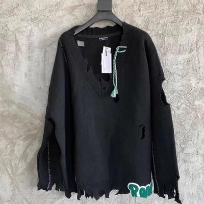 Raf Simons植绒字母破坏V领宽松做旧休闲针织衫破洞男女款毛衣