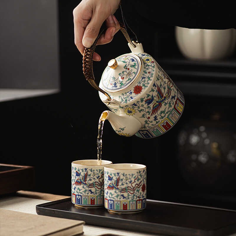 国潮斗彩功夫茶具酒店民宿茶水分离干泡套装大容量提梁壶带过滤网