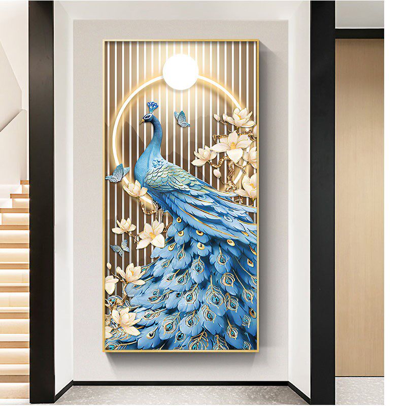 客厅入户门玄关装饰画过道走廊尽头壁画中式孔雀凤凰发光高端挂画