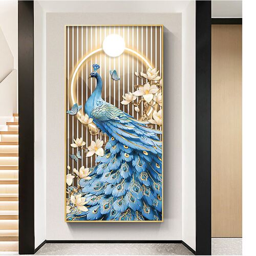 客厅入户门玄关装饰画过道走廊尽头壁画中式孔雀凤凰发光高端挂画