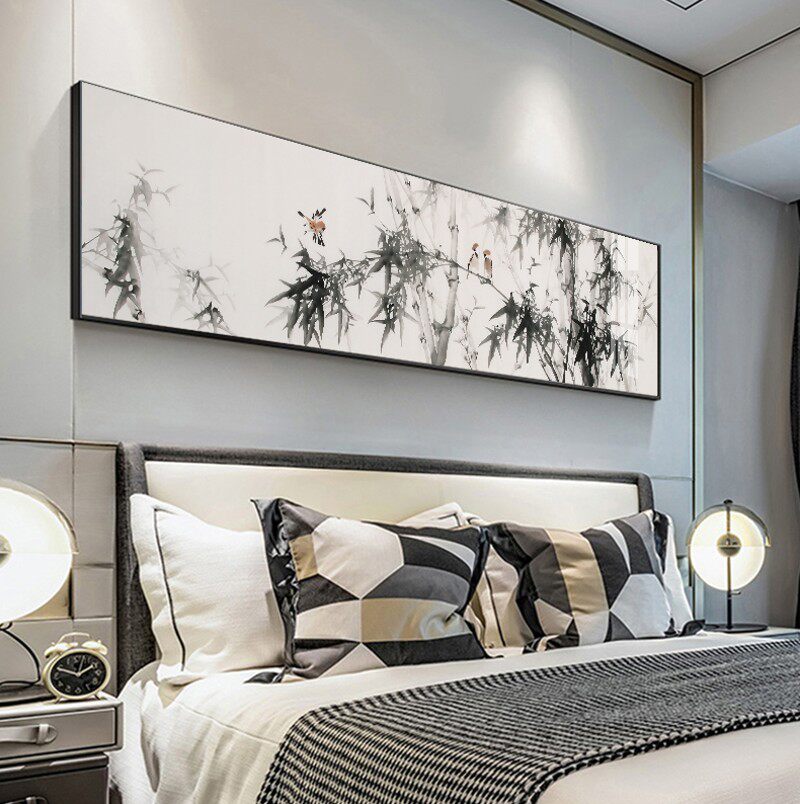 新中式牀头挂画客厅书房茶室背景墙壁画复古中国风横幅晶瓷装饰画