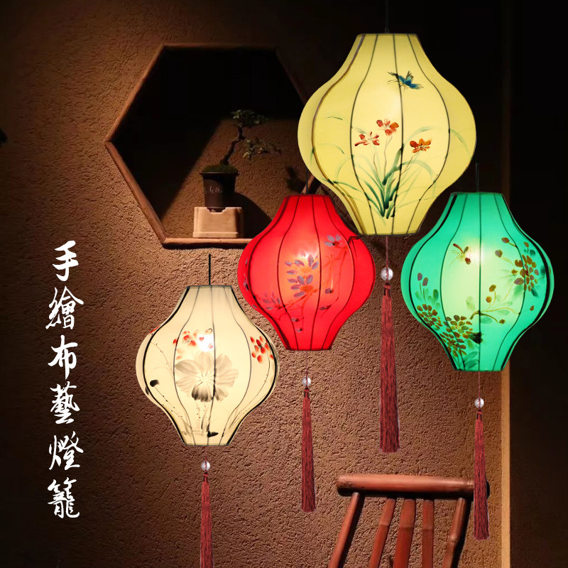 中式腰鼓布艺吊灯火锅店茶楼酒店古典灯具中国风仿古手绘红灯笼
