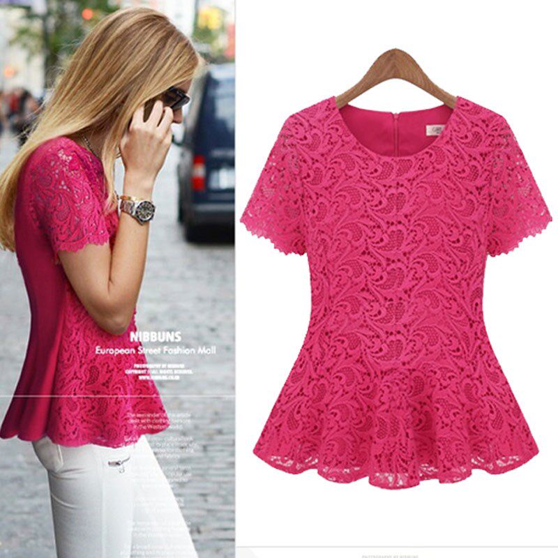 2024夏季新品胖mm显瘦蕾丝衬衫女装大码短袖雪纺小衫圆领打底上衣