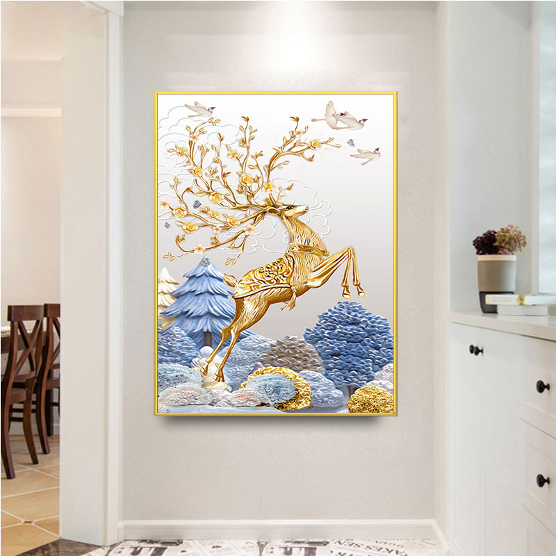 发财麋鹿玄关装饰画北欧竖版进门过道走廊墙壁画客厅大气抽象挂画