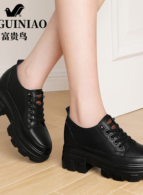 富贵鸟内增高深口单鞋女2026新款秋季厚底女士皮鞋真皮黑色妈妈鞋
