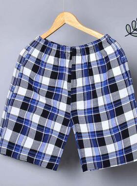 大码男士睡裤夏天短裤纯棉宽松薄款全棉休闲格子沙滩裤家居中裤