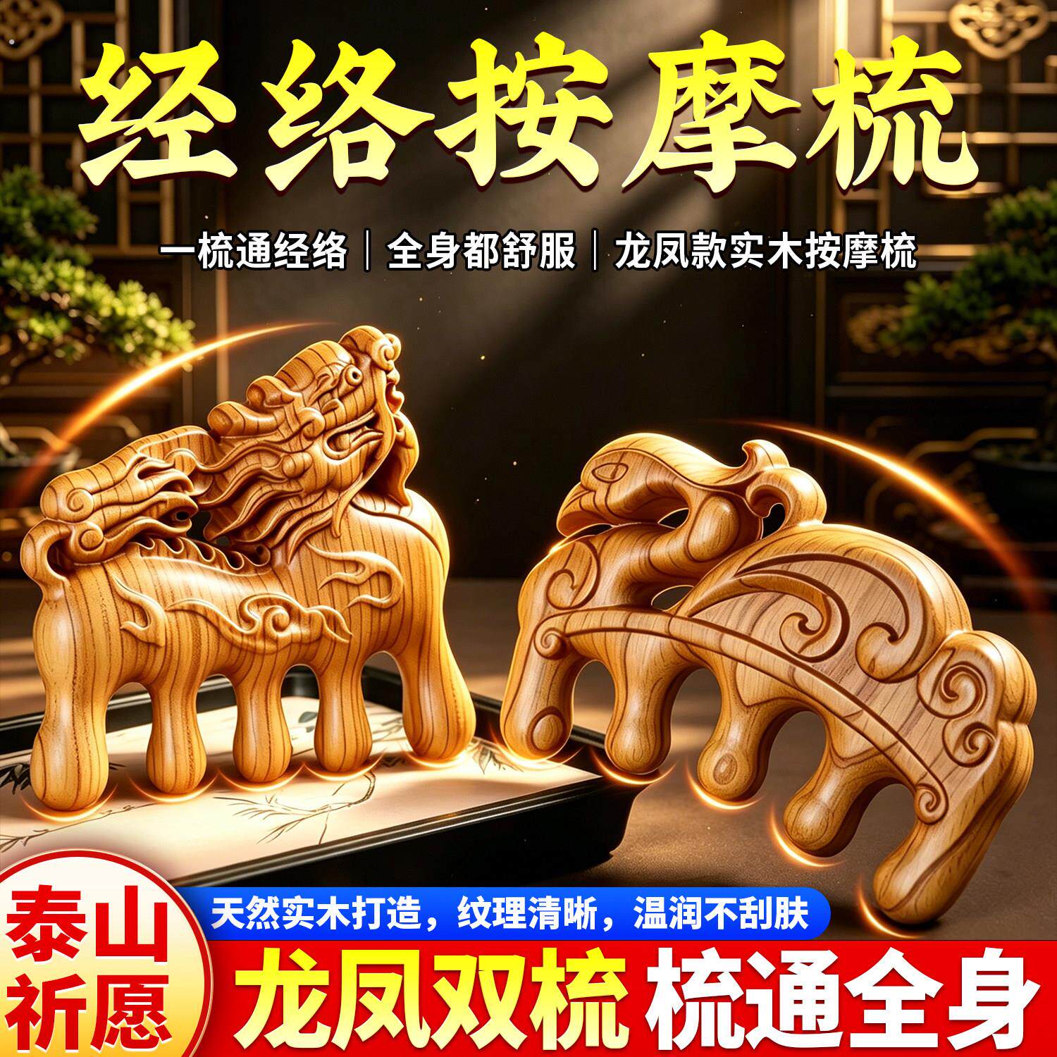 天然桃木梳子五爪按摩梳木梳子头部经络梳头皮家用女士便携梳子小