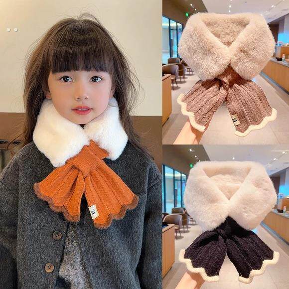 秋冬女童加厚保暖围巾加绒户外防风针织毛绒拼接围脖儿童交叉毛领