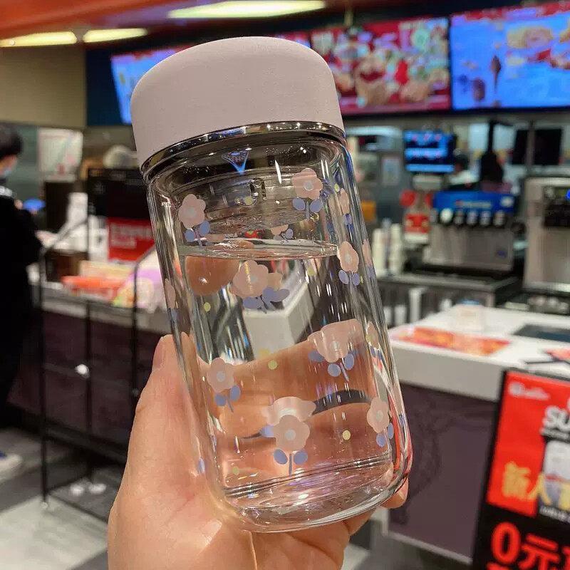 玻璃杯迷你韩版双层玻璃杯子女士网红水杯可爱便携隔热防烫清新泡