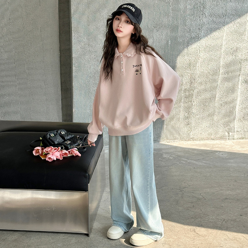 女童秋季套装2025新款儿童春秋polo领卫衣中大童两件套女孩牛仔裤