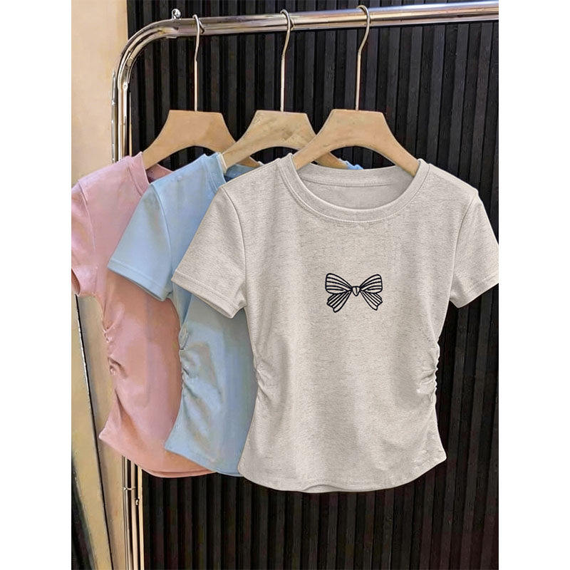 纯棉短袖t恤女设计感小众收腰短款正肩显瘦上衣褶皱打底衫夏季ins