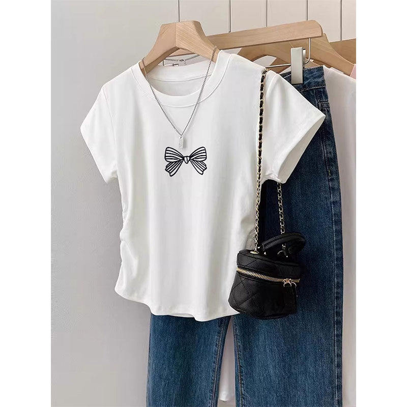 正肩收腰辣妹白色纯棉短袖t恤女夏季2026圆领褶皱内搭修身短上衣