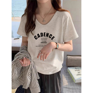 短袖女t恤夏季穿搭2026新款宽松大码V领内搭外穿正肩打底上衣