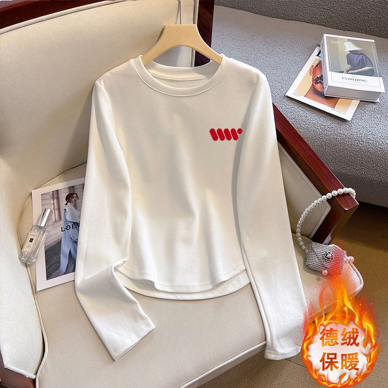 秋冬季新款正肩长袖T恤女小个子不规则双面德绒显瘦短款打底上衣