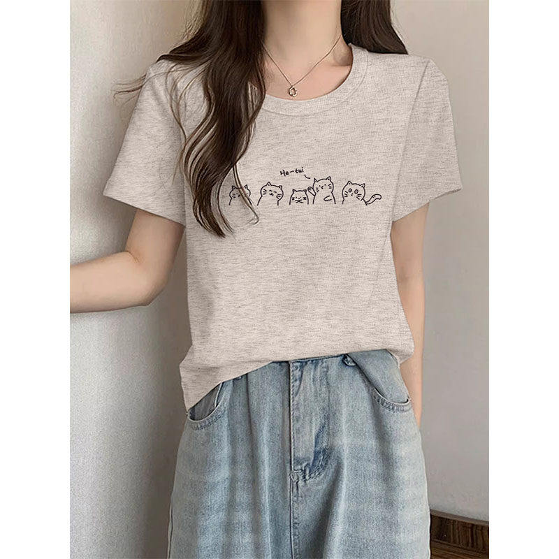 纯棉正肩短袖t恤女2026新款灰色内搭减龄洋气半袖打底小个子上衣