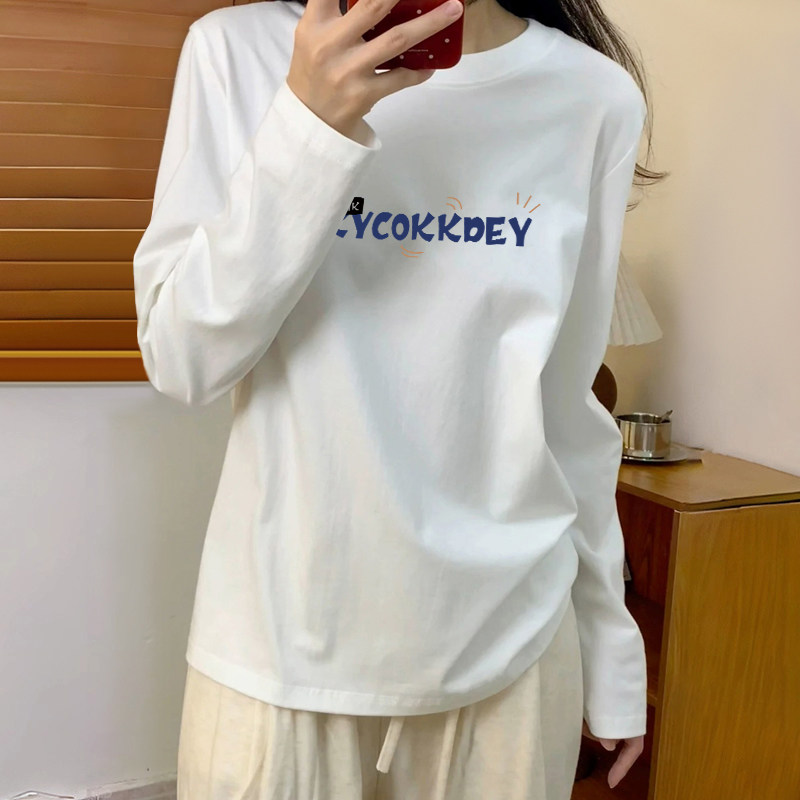 正肩长袖t恤女春秋2026新款内搭打底衫宽松显瘦白色叠穿上衣