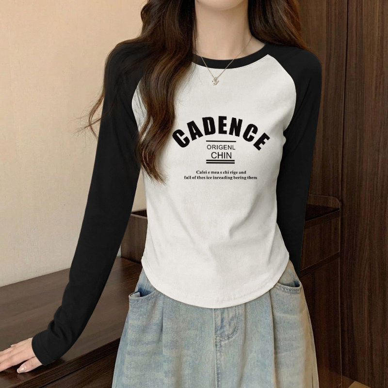 撞色圆领修身正肩长袖t恤女春季2026新款纯棉打底衫内搭短款上衣