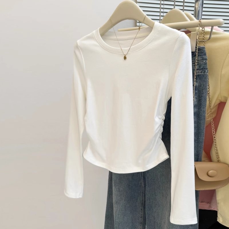 2026新款秋季长袖打底衫女弧形下摆不规则褶皱T恤内搭纯棉小上衣