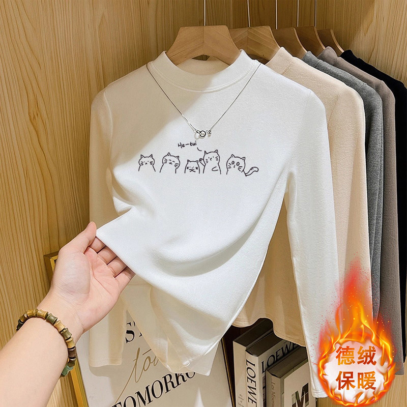 半高领长袖T恤女内搭秋冬新款宽松显瘦百搭加绒加厚德绒打底衫潮