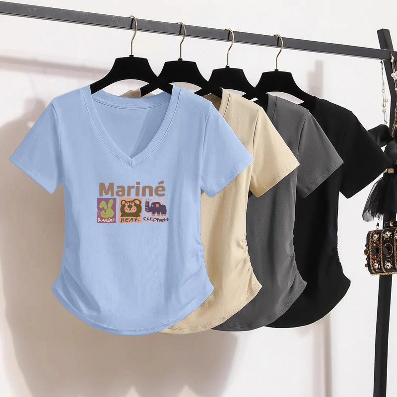 正肩短袖t恤女夏季设计感V领蓝色小个子短款修身显瘦时尚上衣