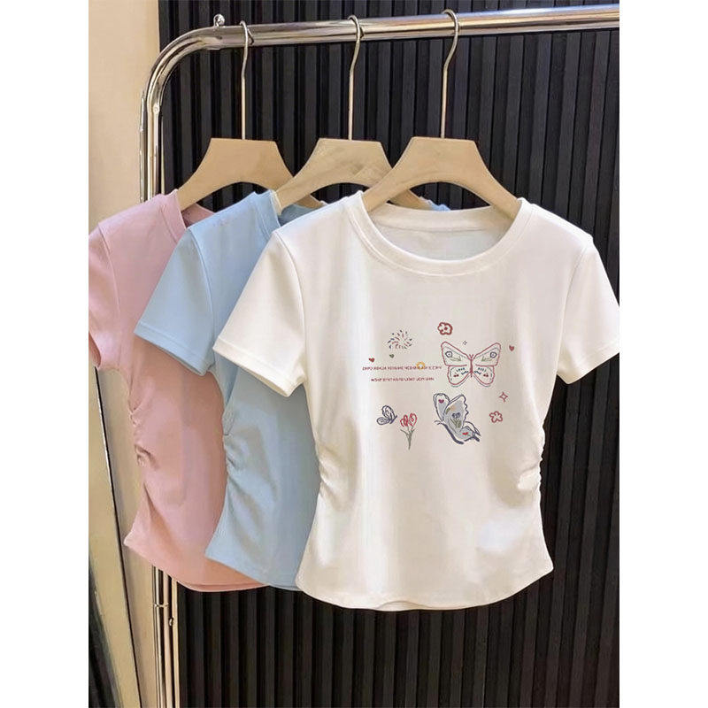 正肩短袖T恤女2026夏季新款设计感褶皱收腰显瘦短款圆领打底小衫